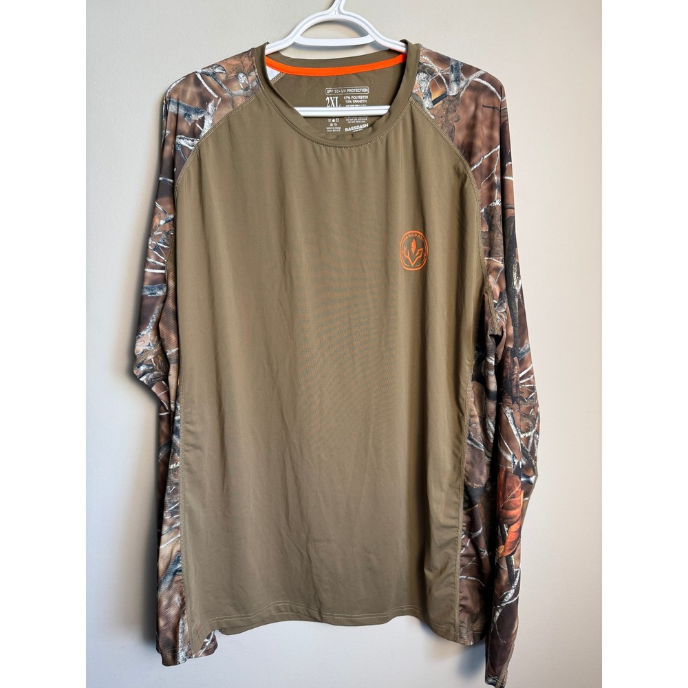 Bassdash Performance Fishing Shirt Mens 2XL Brown Multi Camo UPF 50+ Hiking